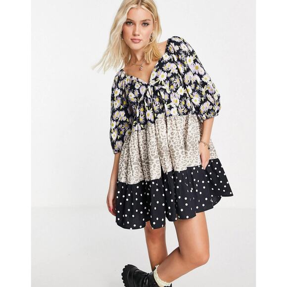 ASOS Dresses & Skirts - Asos Babydoll Dress Mixed Print Mini Floral Leopard Polka Dot Tiered 6 Boho Prep